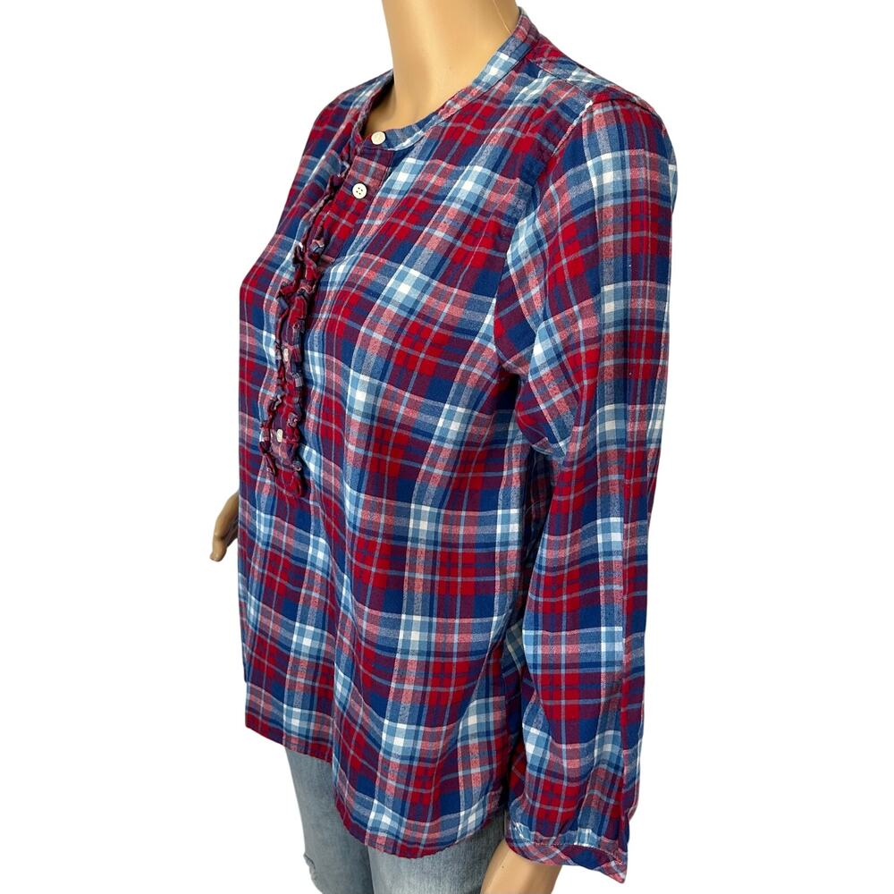 J. Crew Mercantile Ruffle Flannel Shirt Blue Red Plaid J6456 Size M - Picture 4 of 11